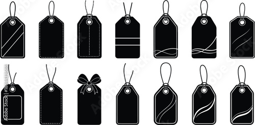 Blank price tag icon set featuring hanging labels for retail branding sales packaging and product identification in clean black vector silhouette style