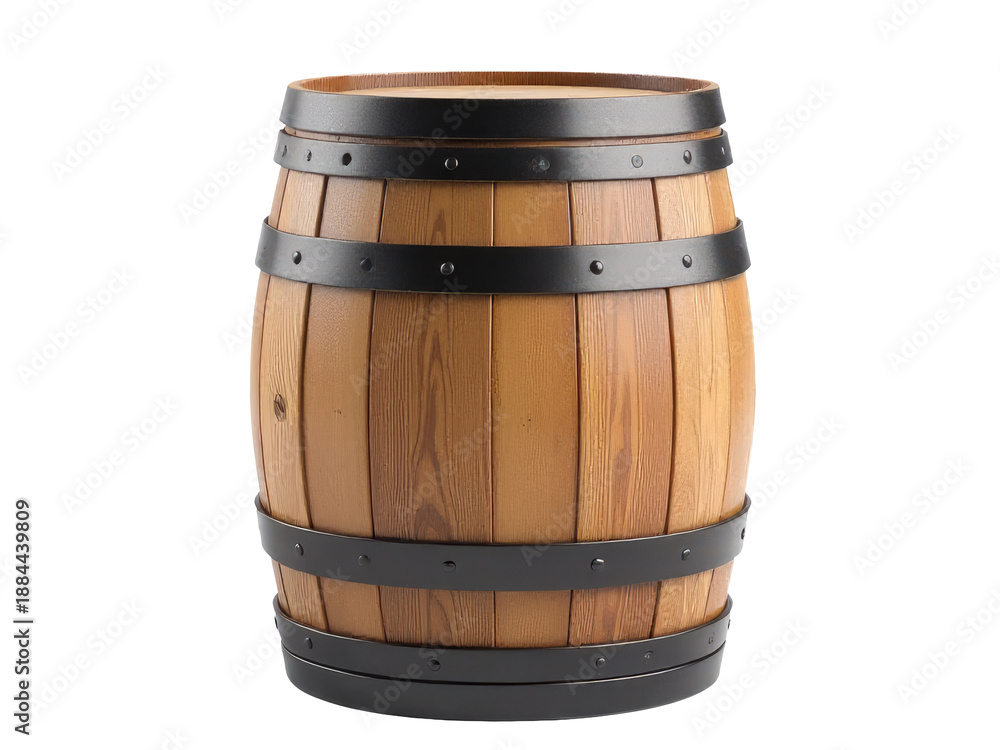 Obraz premium A wooden barrel secured with metal straps on a white background