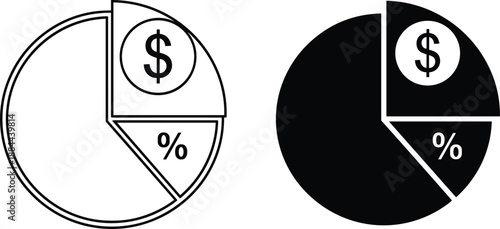 Financial pie chart icon set illustrating budget allocation expense percentages and revenue distribution analysis in clean black vector style