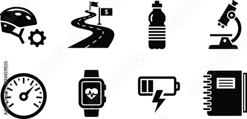 Modern lifestyle icon set illustrating fitness science technology health tracking energy performance and productivity symbols in clean black vector style