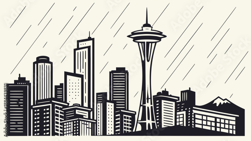 Seattle skyline rainstreaked monochrome captures washington buildings and sky in this atmospheric image. Suitable for travel brochures, websites, and video backgrounds.