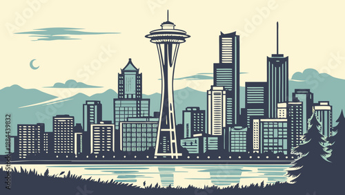 Seattle skyline with majestic space needle piercing mountains, suitable for travel brochures, websites, city guides, and tourism advertisements.