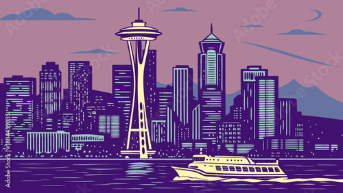 Seattle skyline with iconic space needle  boat, offering stunning panorama. Ideal for travel websites, city guides, postcards, and brochures.