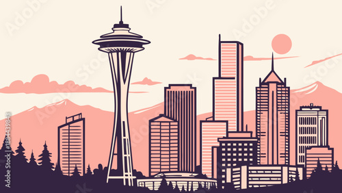 Seattle skyline with space needle tower for cityscapethemed designs. Suitable for travel brochures, postcards, website headers, and digital advertisements.