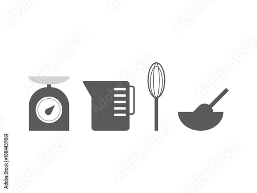 お菓子作りの道具（計量器、計量カップ、泡立て器）のアイコンのイラストのセット