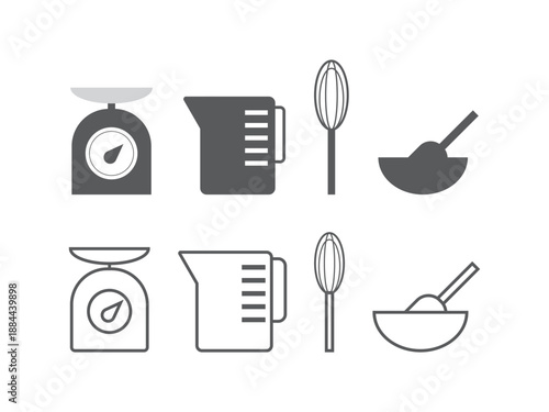 お菓子作りの道具（計量器、計量カップ、泡立て器）のアイコンのイラストのセット