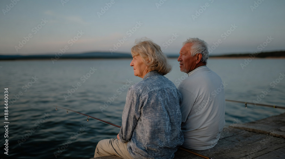 Fototapeta premium Older man and woman sitting on a dock.