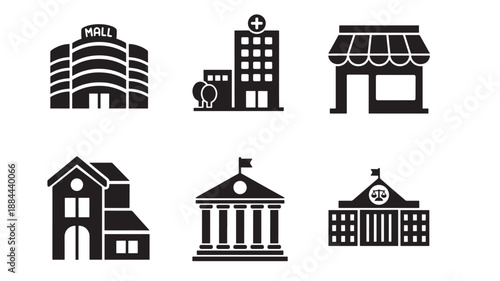 Black building icons set featuring a mall shop and house silhouette on transparent background