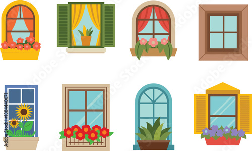 Colorful decorative window illustration set with flower boxes shutters curtains for home exterior design vector flat style architecture facade collection