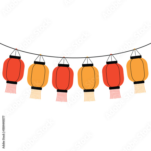 Colorful chinese lanterns hanging isolated on white background, Vector, illustration