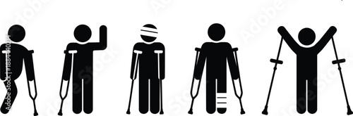 Stick figures show various stages of recovery with crutches and bandages