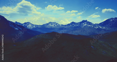 Photography Expansive mountain vista under bright sky, broad ridgelines and deep valleys, cr
