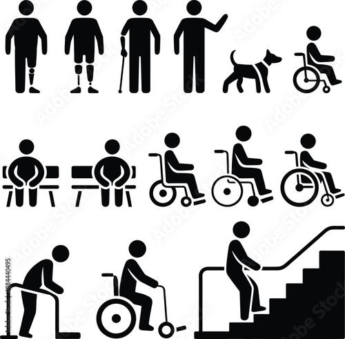 Diverse accessibility icons showing people with disabilities and assistance aids