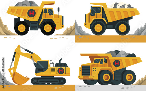 Construction machinery illustration set, yellow dump truck and excavator in quarry, heavy equipment, flat design vector artwork