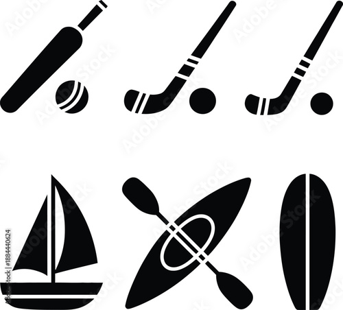 Sports equipment icons including cricket bat, hockey sticks, sailboat, kayak, and surfboard
