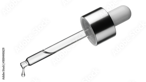 Glass dropper with liquid droplet skincare beauty tool isolated on a transparent background