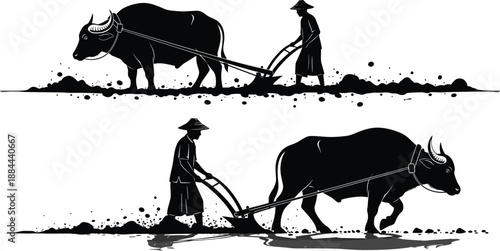 Traditional Rice Farming Silhouette Illustration Showing Asian Farmer Plowing Field with Water Buffalo for Sustainable Agriculture and Rural Life Concept Isolated on White Background