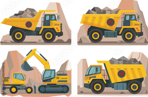 Construction machinery illustration set, yellow dump truck and excavator in quarry, heavy equipment, flat design vector artwork