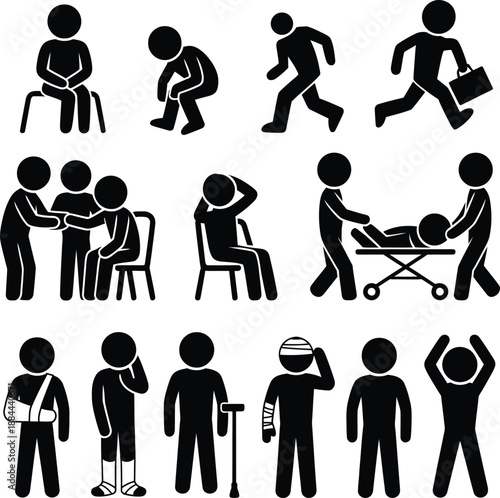 Collection of stick figure icons representing various human conditions and actions