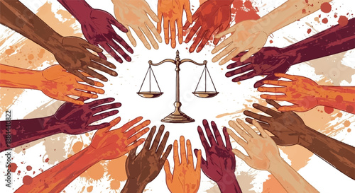 Diverse Hands Circling Scales of Justice for World Justice Day