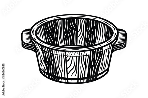 An isolated stainless steel bucket and metal pan stand as empty silver kitchen containers on a white background featuring a sturdy handle for cooking equipment