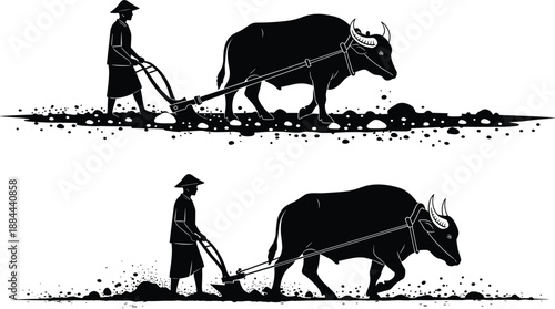 Traditional Rice Farming Silhouette Illustration Showing Asian Farmer Plowing Wet Field with Water Buffalo for Sustainable Agriculture, Rural Life, and Cultural Heritage 