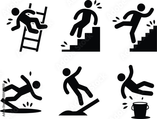 Set of warning signs depicting various falling hazards and accidents