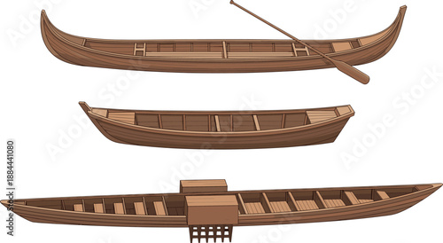 Traditional Wooden Boat Illustration Set Showing Canoe and Rowboat Side Views with Oar, Classic Watercraft Design for Maritime, Fishing, and River Transport Concepts Isolated on White Background