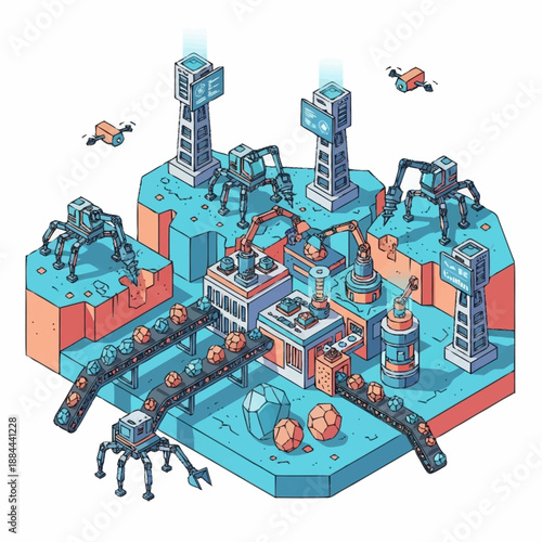 Futuristic automated factory with robotic arms and towers.