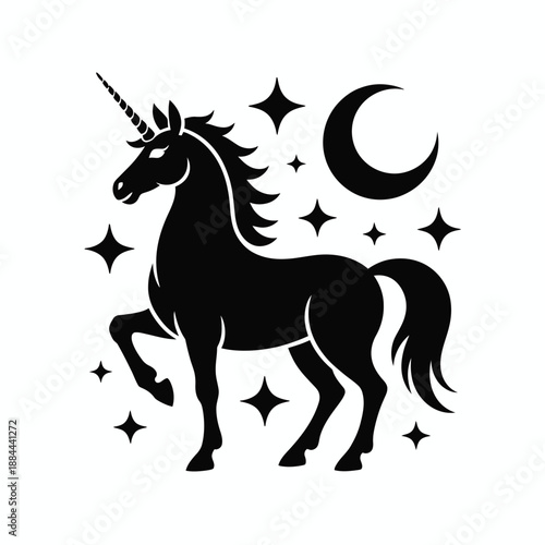 Magical unicorn under moonlight isolated on white background, Vector, illustration