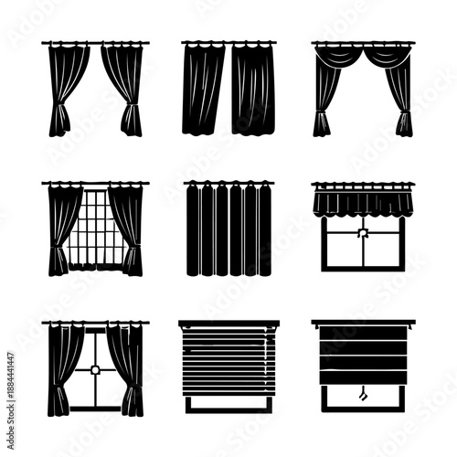 Curtains icon set, vector set of icons on a white background