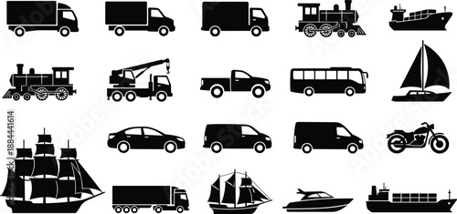 Transportation Vehicle Silhouettes Collection Including Cars, Trucks, Buses, Motorcycles, Trains and Ships in Black Vector Style for Logistics, Travel, Industry and Icon Design Use