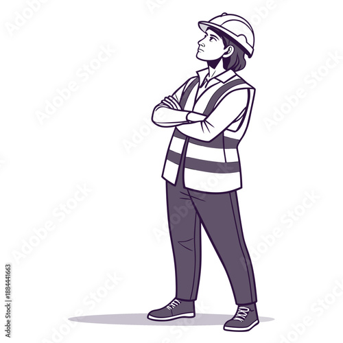 Architect in helmet and vest, supervising construction site