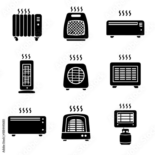 Heaters icon set, vector set of icons on a white background