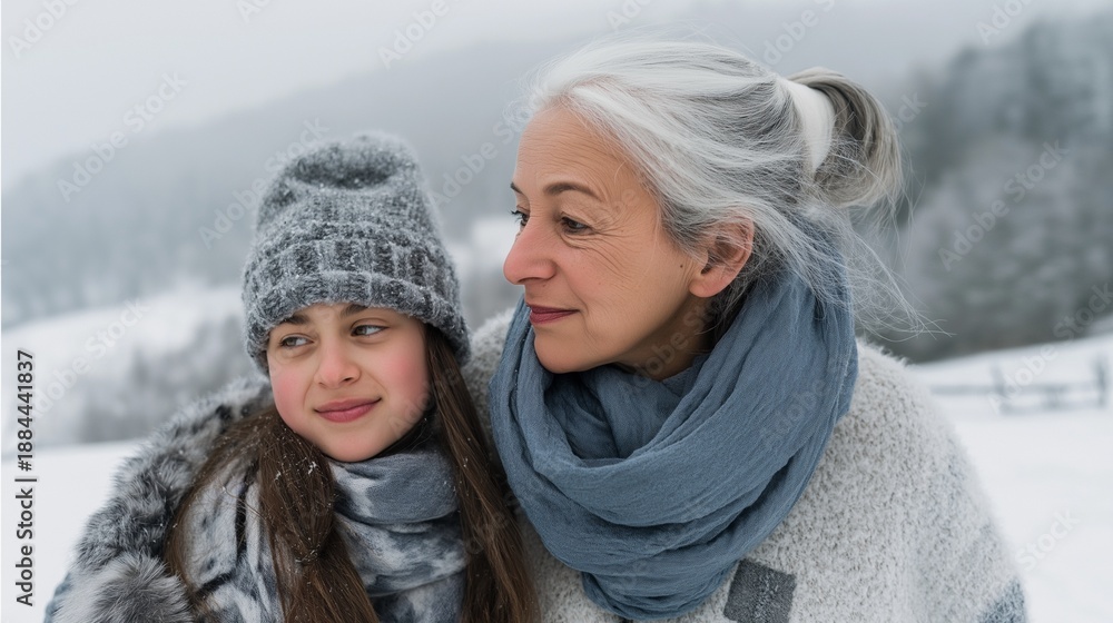 Fototapeta premium Grandmother and granddaughter of different ethnicities walking hand in hand. Intergenerational bond, multicultural family, love, guidance, cultural diversity, emotional connection.