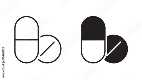 Two capsule pills in black and white a simple design on transparent background silhouette