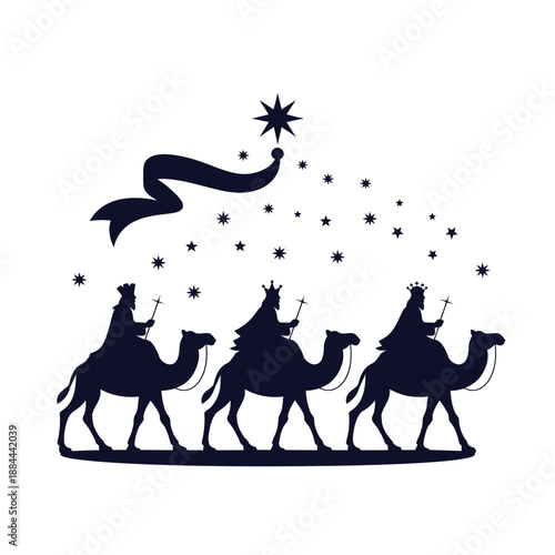 Three wise men on camels following a star isolated on white background, Vector, illustration