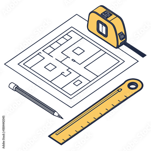 Construction Planning with Blueprint and Ruler - Precision Design