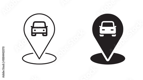 Two car location icons one light and one dark on transparent background silhouette