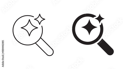 Two magnifying glasses with star sparkles line and fill styles on transparent background silhouette