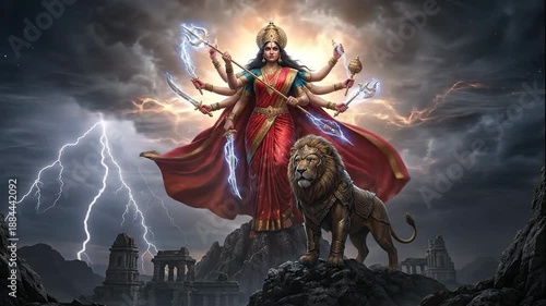 Dramatic digital art of goddess durga manifesting divine power with her lion under a dark navratri sky.
