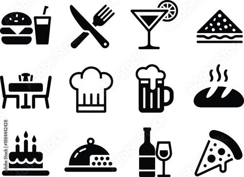 Collection of restaurant and food icons in black and white