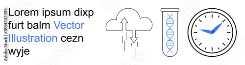 Science, research, weather forecasting, biotechnology, time management, education. Cloud with rain, DNA in a test tube and a clock icon. Science and research concepts