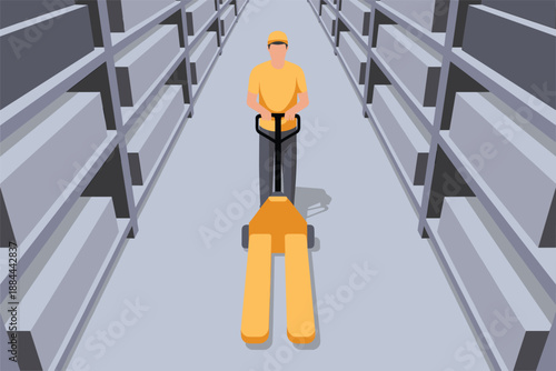 Warehouse Worker Moving Goods with Pallet Jack, warehouse operations concept