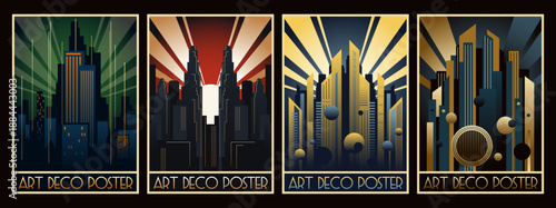 Art Deco Illustration Set Retro Posters Style. Futuristic City, Skyscrapers, Spotlights, Geometric Shapes. Vector Templates for Art Deco Placards, Covers, Illustrations