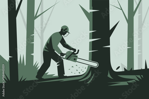 Lumberjack Felling a Tree with a Chainsaw in a Forest, logging industry concept