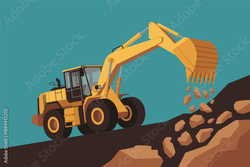 Yellow Excavator Moving Rocks on a Construction Site, earthmoving concept