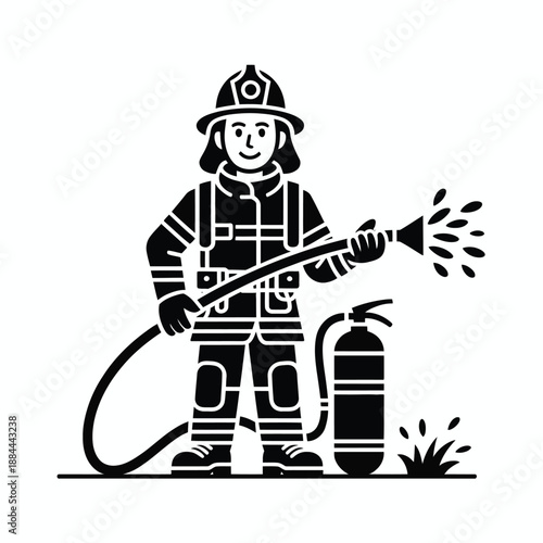 Firefighter using fire extinguisher isolated on white background, Vector, illustration
