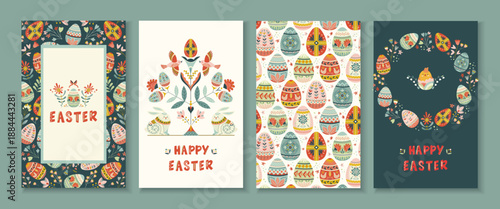 Set of festive Easter greeting cards in Nordic folk style. Festive vector illustrations with decorative eggs, birds, flowers and ornaments. Cozy spring holiday design for cards, invitations, prints