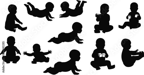 Silhouettes of babies in varied poses and activities, illustrating early movement, play, and developmental stages